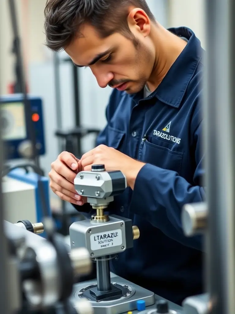 A close-up of a Tarazu Solutions technician calibrating a load cell, using precision instruments to ensure accurate weight readings. The image should highlight the meticulous calibration process.