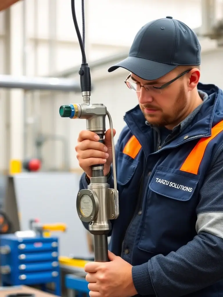 A Tarazu Solutions engineer inspecting a load cell fitting, ensuring proper alignment and secure connection. The image should emphasize attention to detail and quality control.